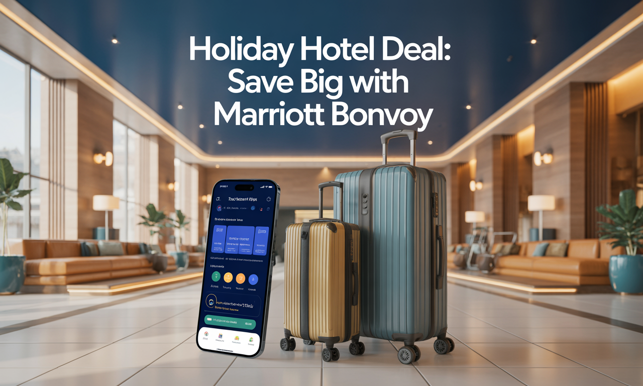 Banner image illustrating the Marriott Bonvoy 25% off stays promotion with hotel and travel visuals in navy and gold.