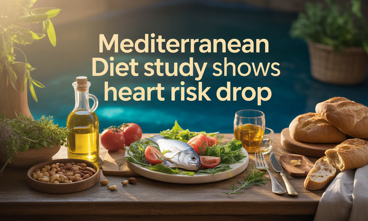 Mediterranean diet lowers heart risk – fresh healthy foods including olive oil, fish, and vegetables on a Mediterranean table in navy and gold color theme.