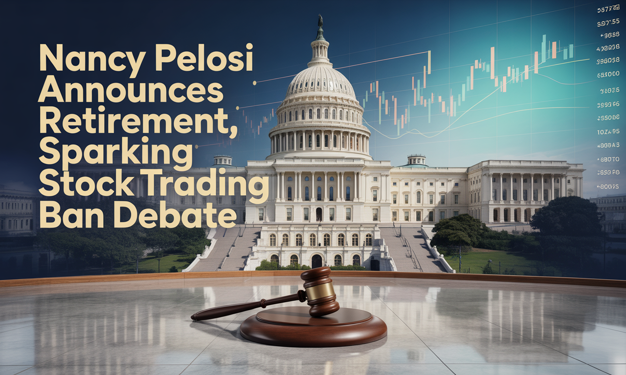Photographic banner of the U.S. Capitol with stock-market graphics for article on Nancy Pelosi announces retirement.