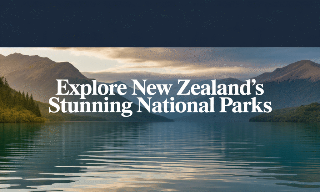 Wide banner showing New Zealand national parks with mountains and lakes, highlighting the beauty of New Zealand national parks.