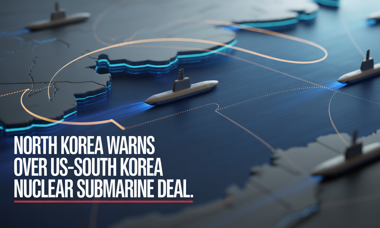 Banner image illustrating the North Korea submarine deal warning with submarine silhouettes and a map of Northeast Asia in business-style colors.