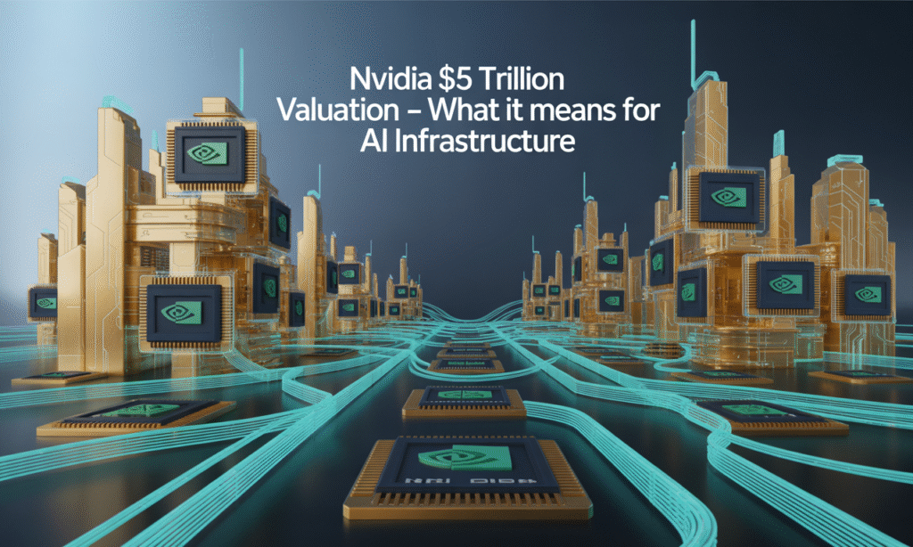 Nvidia $5 trillion valuation AI infrastructure concept with golden GPU circuit design and data stream visuals.