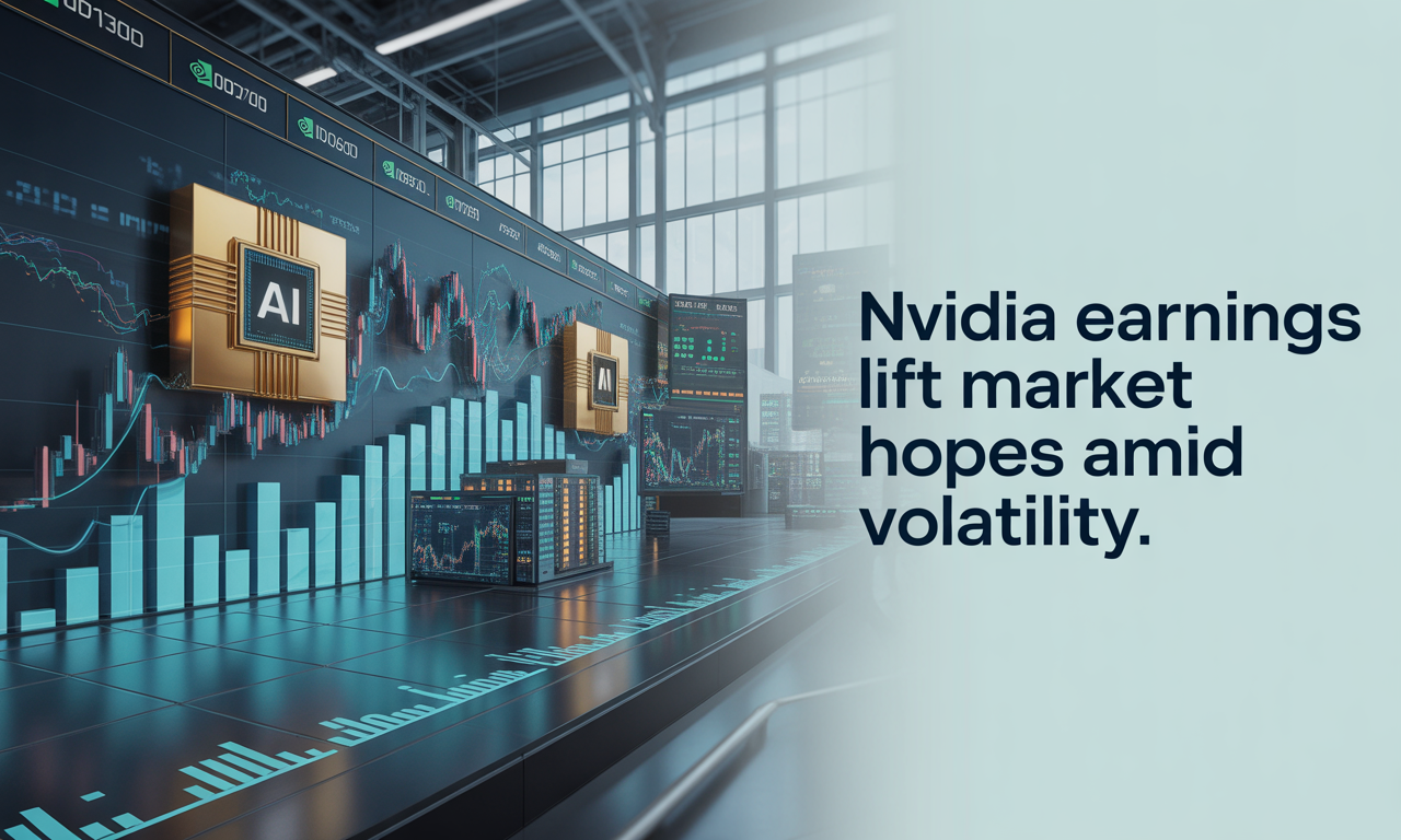 Nvidia earnings boost market hopes banner showing rising stock charts and AI chip imagery in Navy Blue and Gold brand colors.