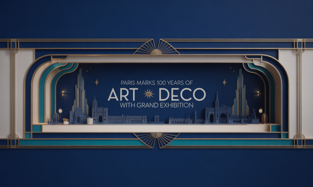 Wide banner image featuring geometric Paris Art Deco elements and gold lines for the article “Paris Art Deco Centenary Exhibition,” using brand colors and the focus keyphrase.