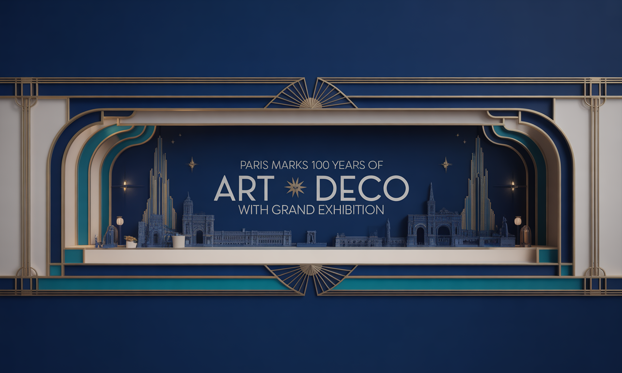 Wide banner image featuring geometric Paris Art Deco elements and gold lines for the article “Paris Art Deco Centenary Exhibition,” using brand colors and the focus keyphrase.