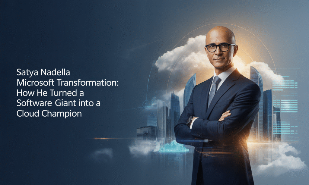 Satya Nadella Microsoft transformation – business leader standing before digital cloud and innovation visuals.