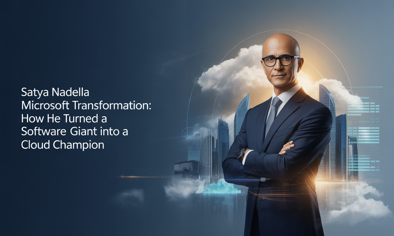 Satya Nadella Microsoft transformation – business leader standing before digital cloud and innovation visuals.