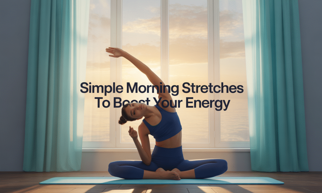 Simple Morning stretches – person doing simple morning stretches to boost your energy beside a sunny window.