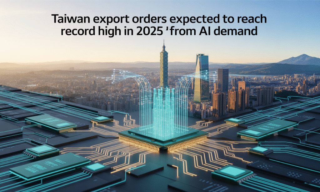 Wide banner showing Taiwan’s tech industry growth and Taiwan export orders record high driven by AI demand.