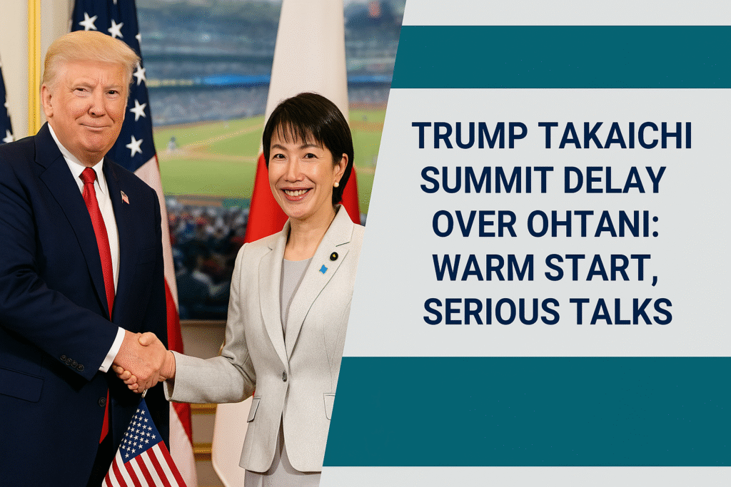 Trump Takaichi summit delay — leaders shaking hands with baseball background symbolizing diplomacy and culture