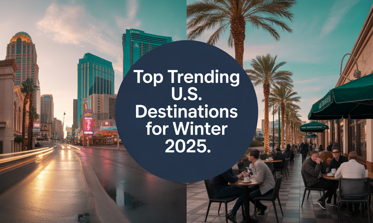 Wide banner of top U.S. winter destinations with Las Vegas and Austin scenes in navy blue and gold tones.