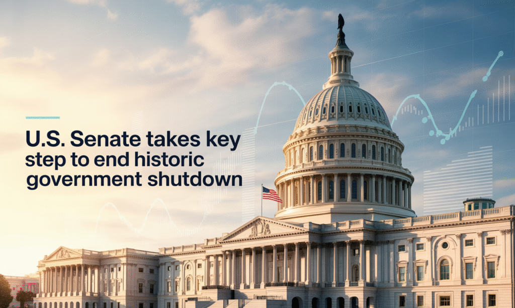 Banner showing US government shutdown ending with Capitol building and American flag representing political progress.