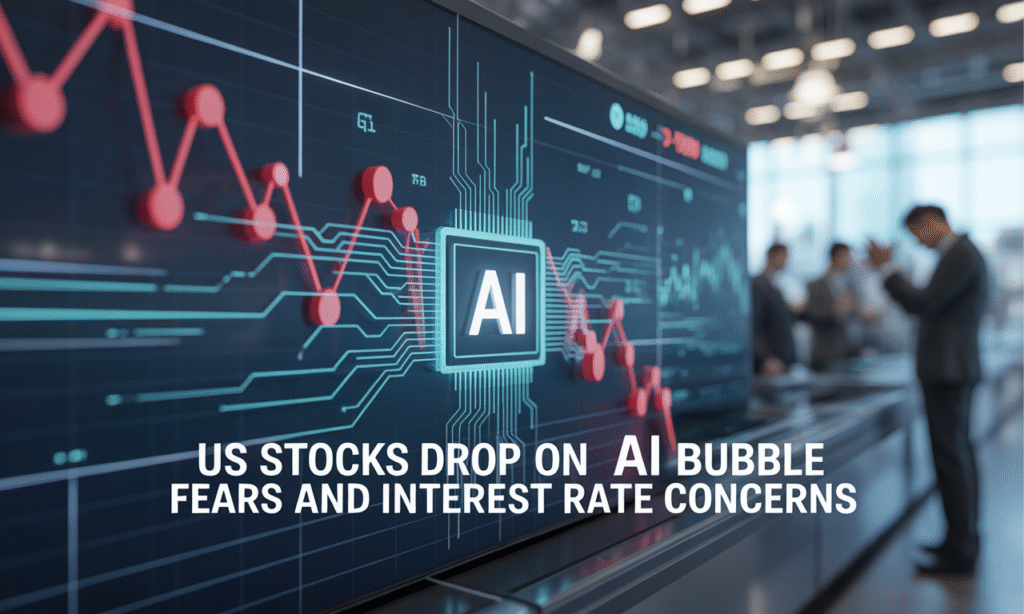 Banner image showing stock market decline and AI visuals representing US stocks drop on AI bubble fears in branded colors.