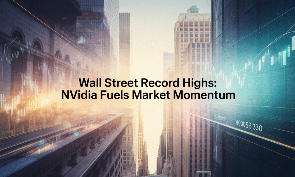 Wide banner showing Wall Street record highs with stock tickers and Nvidia market surge.
