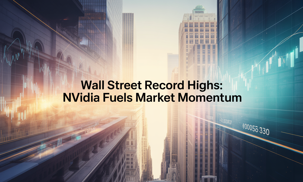 Wide banner showing Wall Street record highs with stock tickers and Nvidia market surge.