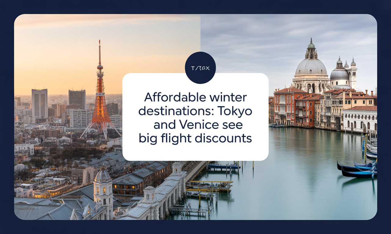 Banner image for affordable winter destinations featuring Tokyo and Venice winter travel scenes with the focus keyphrase affordable winter destinations.