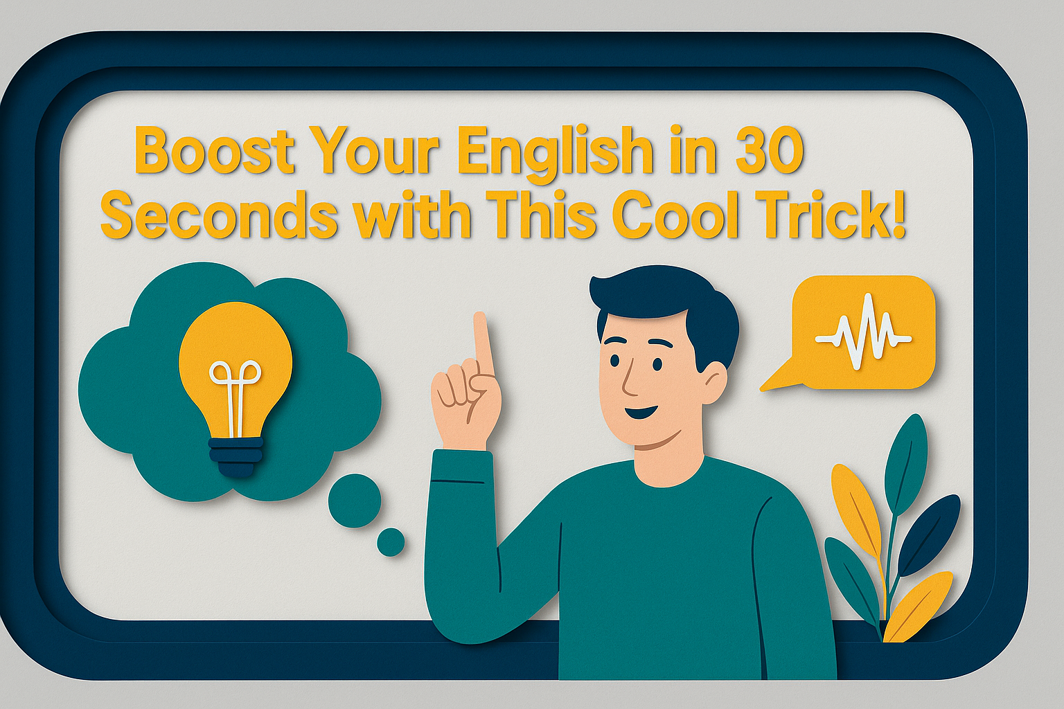 Wide 3D paper-cut banner showing a learner practicing English with visual icons, designed in navy blue, soft gold, gray, and teal, featuring the title “Boost Your English in 30 Seconds with This Cool Trick!”, helping users boost your English in 30 seconds.