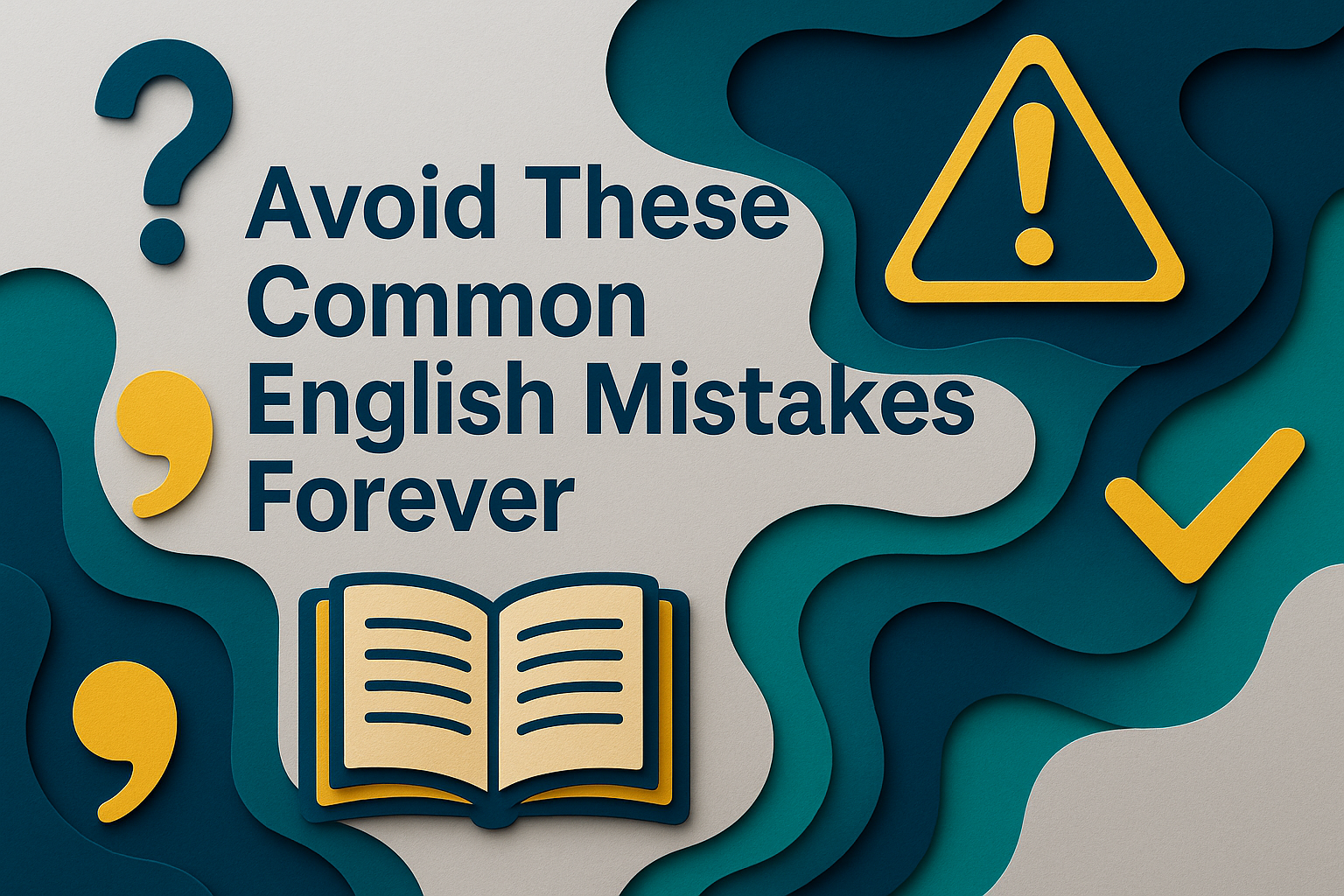 3D paper cut art banner featuring the title “Avoid These Common English Mistakes Forever” with layered teal, navy, and gold elements illustrating grammar and writing symbols — highlighting common English mistakes in a modern design.
