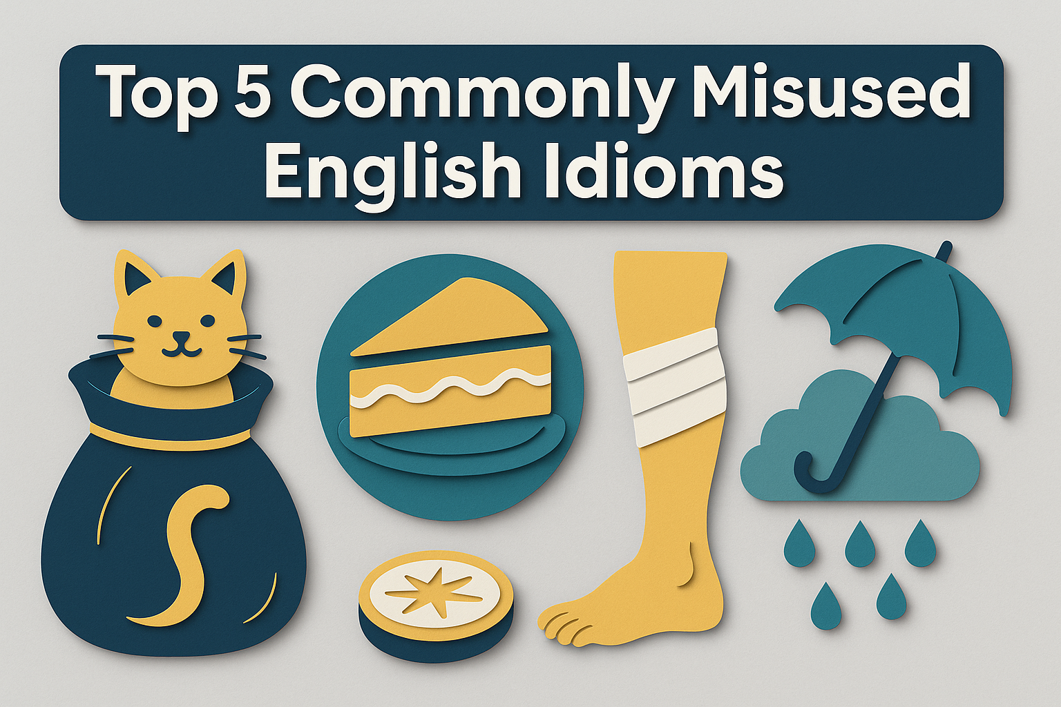 3D paper cut banner showing visuals of commonly misused English idioms — a cat in a bag, a slice of cake, a bandaged leg, and an umbrella with raindrops — using All About English Mastery brand colors.