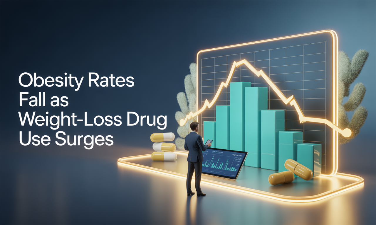 Professional wellness banner illustrating declining obesity trends and rising Weight-Loss Drug Use.