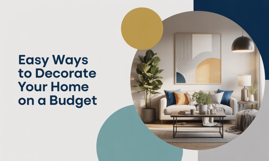 Wide banner showing decorating your home on a budget with simple, stylish décor in navy, gold, and teal.