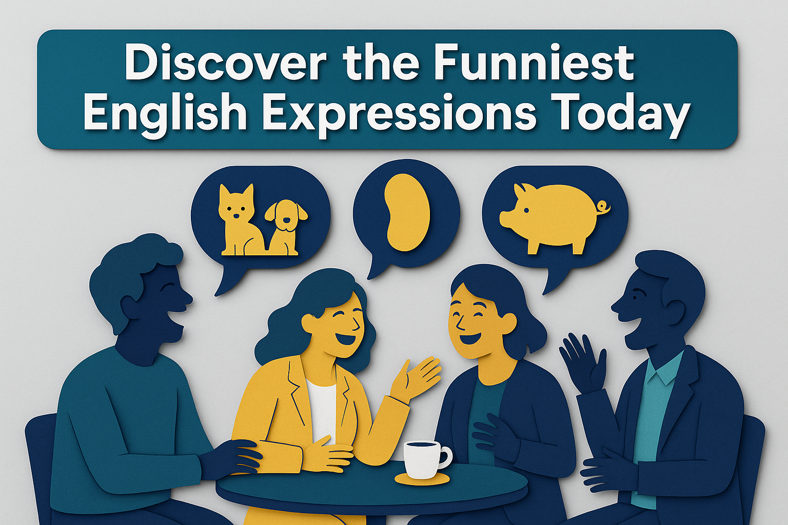 3D paper cut art banner for Discover the Funniest English Expressions Today showing creative idiom visuals in navy blue, gold, gray, and teal brand colors.