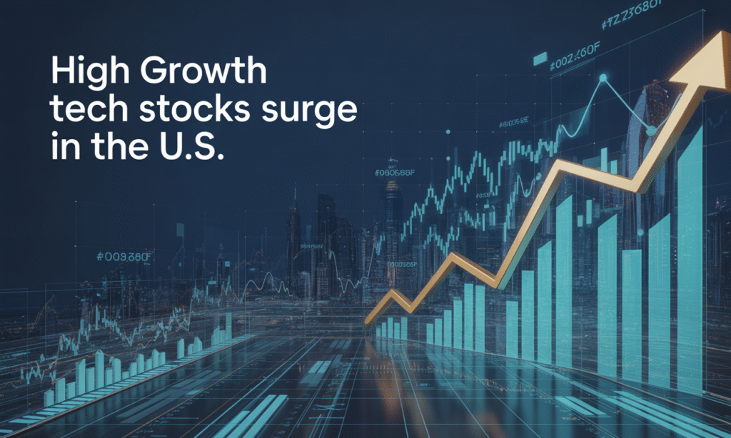 Banner image showing financial charts and tech-sector visuals for article about high growth tech stocks in the U.S.