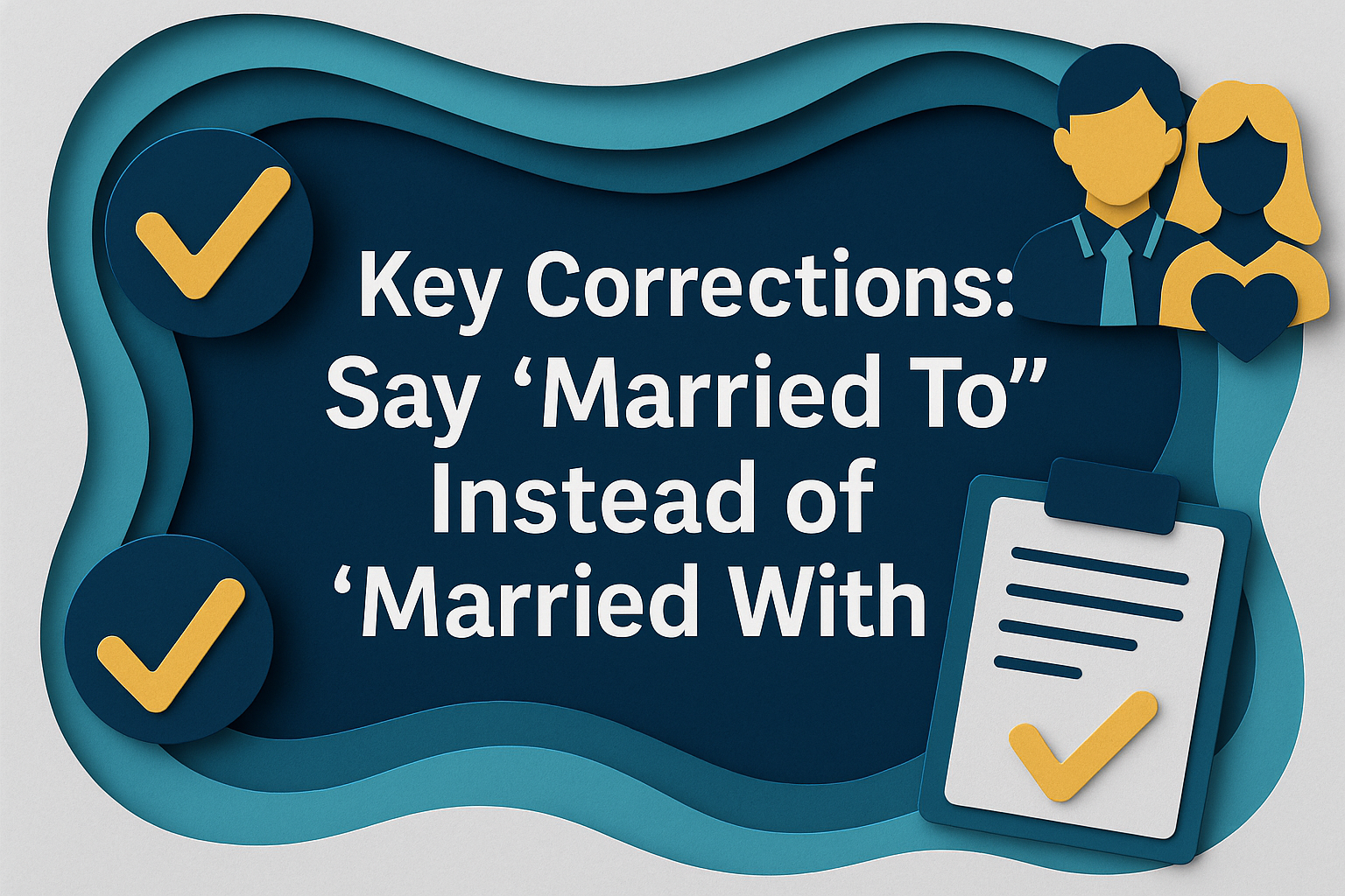 3D paper-cut banner showing the grammar rule and illustrating how to use married to correctly in English, using navy blue, soft gold, teal, and light gray brand colors.