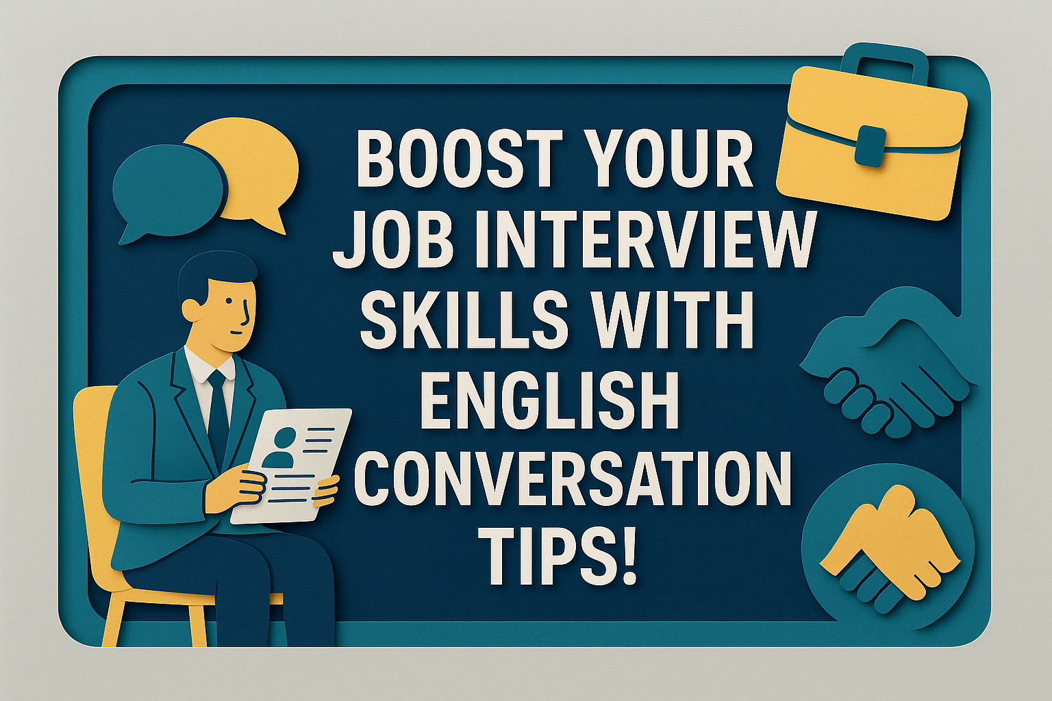3D paper cut banner showing a business professional preparing for an interview, speech bubbles, handshake icons, and bold title text reading “Boost Your Job Interview Skills with English Conversation Tips!” in brand colors navy bl
