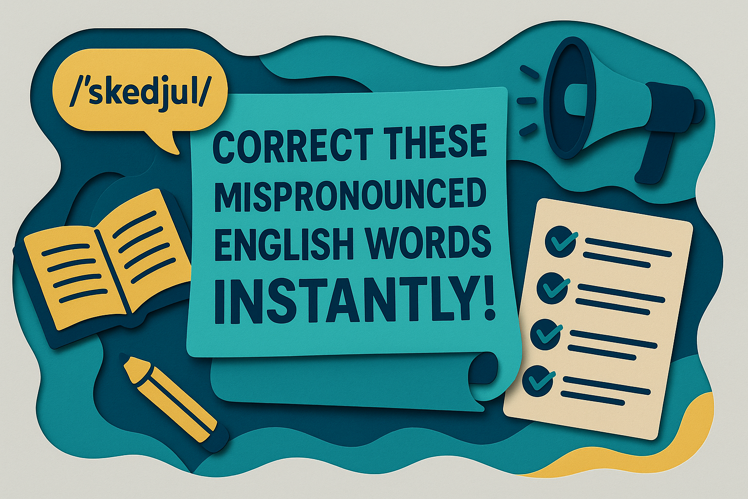 3D paper cut banner showing “Correct These 20 Mispronounced English Words Instantly!” with phonetic speech bubble, book, and megaphone, illustrating how to fix mispronounced English words.