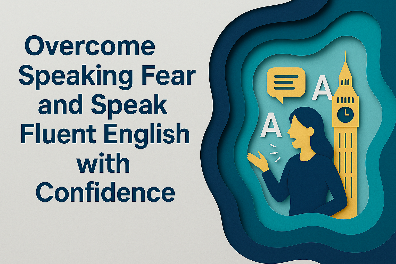 Wide 3D paper-cut banner showing the title âOvercome Speaking Fearâ clearly on the left, symbolizing confidence and communication, designed to support learners who want to overcome speaking fear.