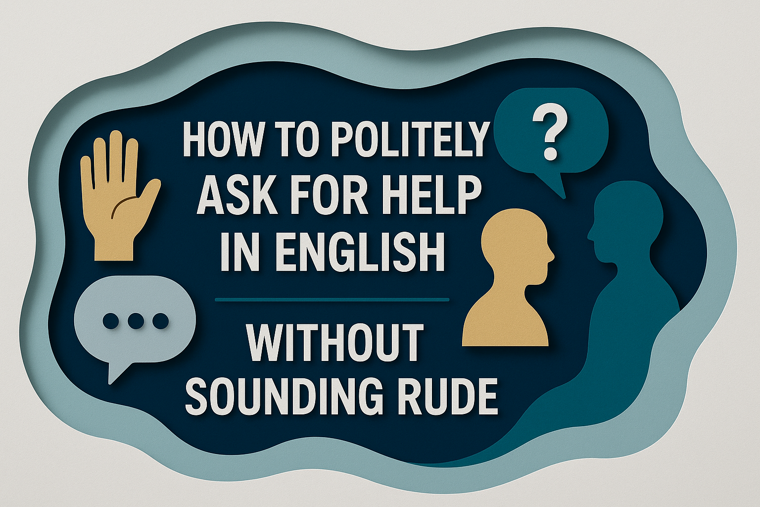 3D paper-cut style banner showing the title ‘How to Politely Ask for Help in English Without Sounding Rude,’ using navy blue, soft gold, light gray, and teal brand colors, visually representing the theme politely ask for help.