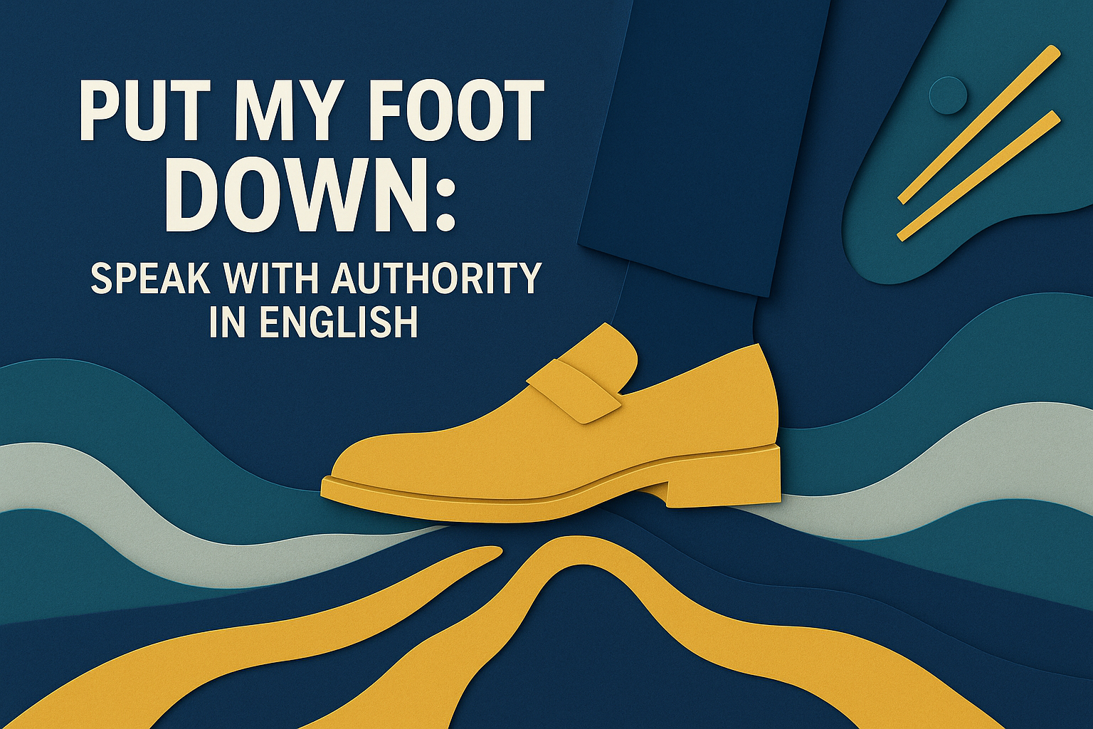 Wide 3D paper cut banner showing a bold foot pressing down to represent ‘put my foot down’ in English, using navy, gold, gray, and teal brand colors.
