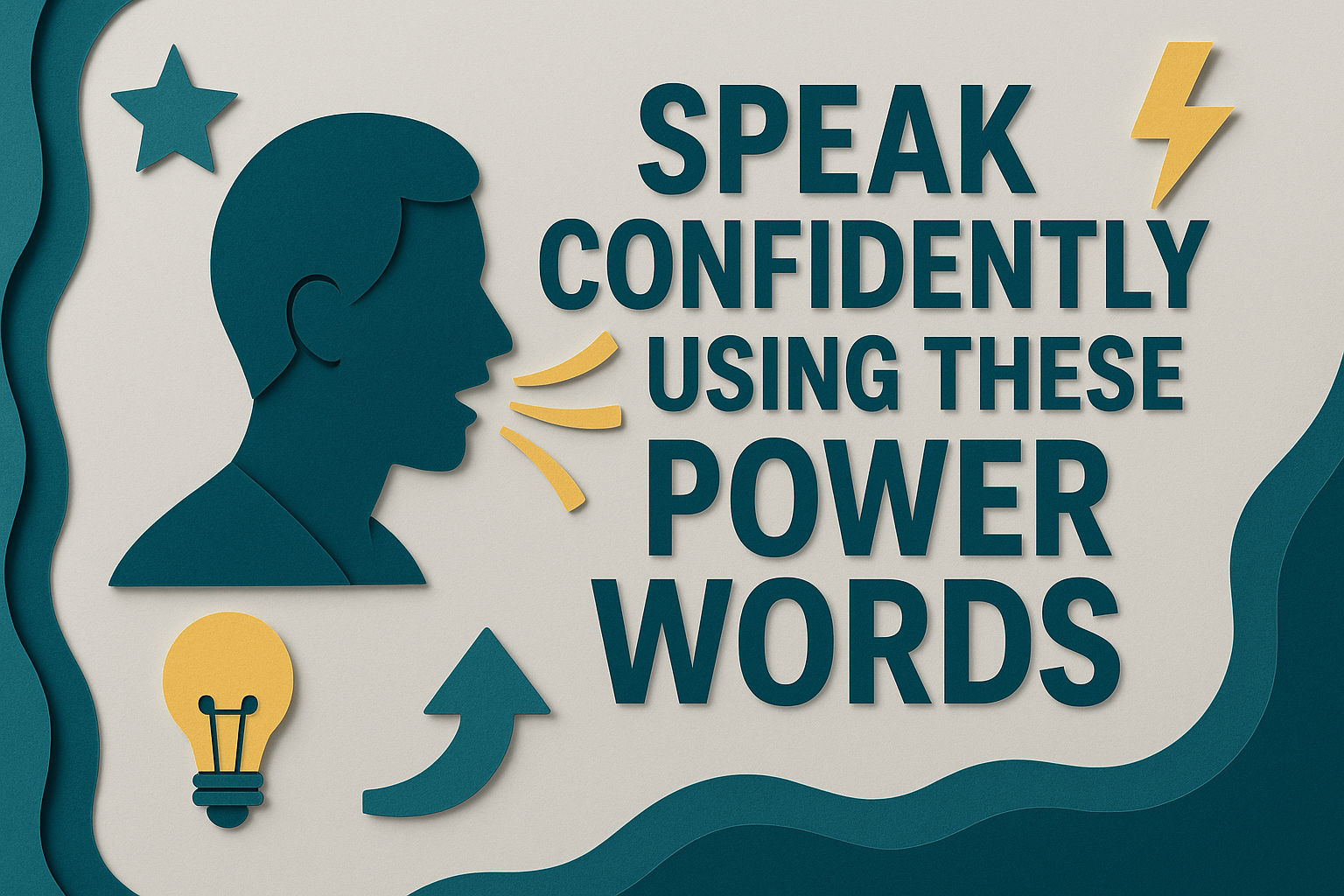 3D paper cut art banner illustrating “Speak Confidently Using These Power Words” with teal and gold accents, showing a silhouette speaking strong words to represent confident English communication.