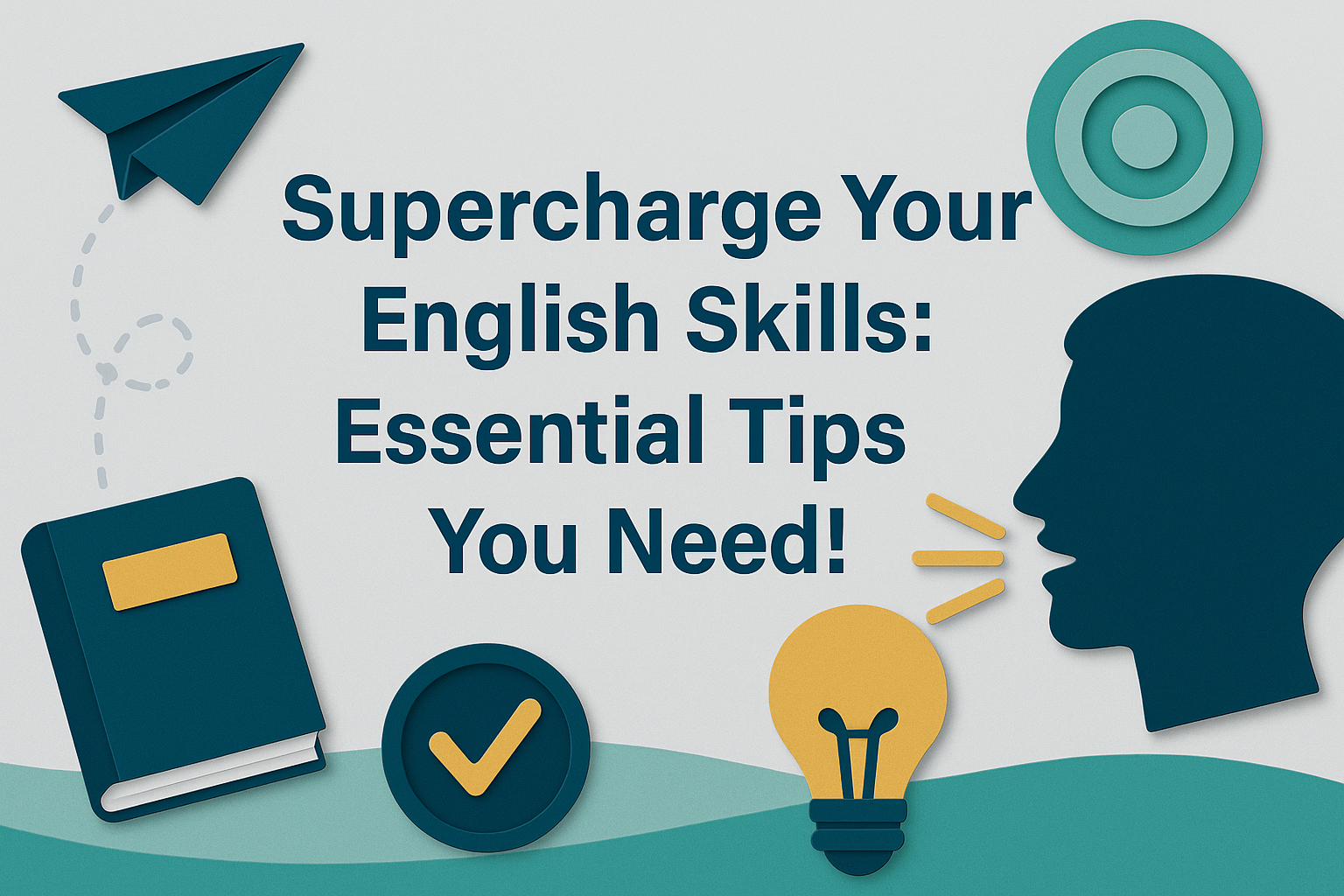 3D paper cut art banner showing visuals of communication and learning with the title “Supercharge Your English Skills: Essential Tips You Need!” using navy blue, gold, teal, and light gray brand colors.