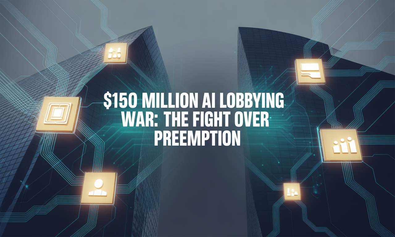 AI lobbying war banner showing political buildings and tech overlays representing the U.S. fight over preemption.