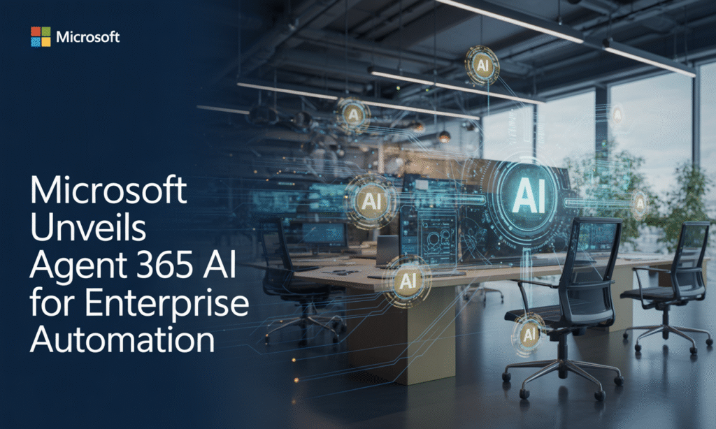 A high-tech business banner showing digital networks symbolizing Agent 365 AI enterprise automation.