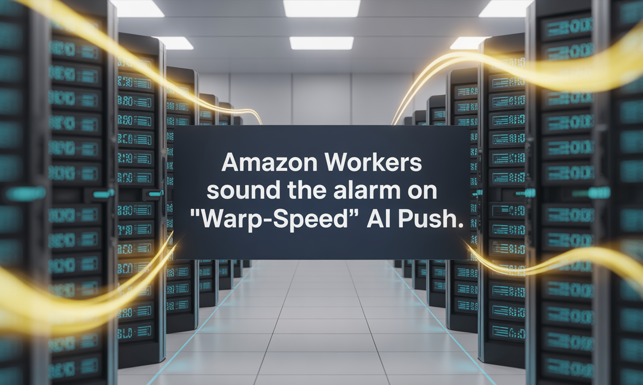 Wide tech-themed banner showing the Amazon AI push in a corporate data environment.