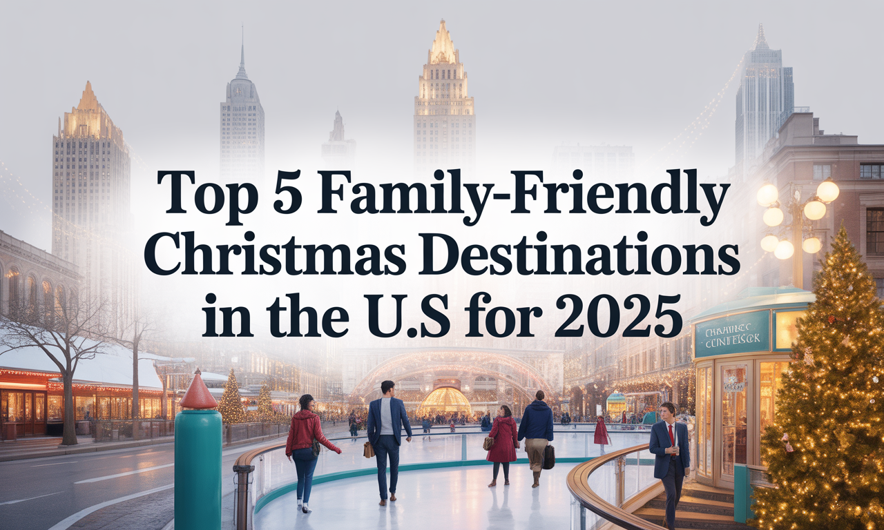 Christmas destinations in the U.S. featuring family-friendly holiday travel scenes with lights, skating, and winter attractions