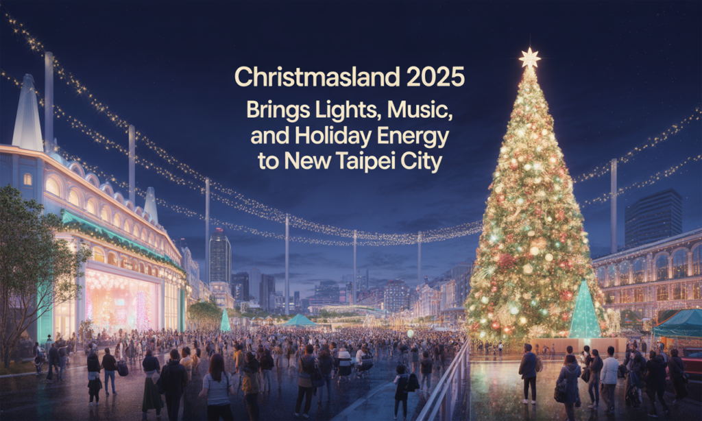 Banner featuring Christmas lights and crowds celebrating at Christmasland 2025 New Taipei City, highlighting the festival atmosphere.