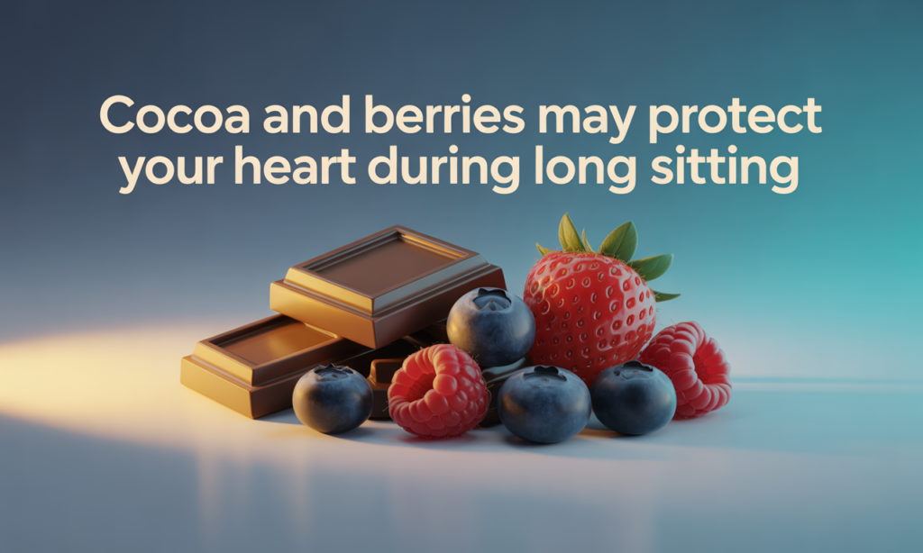 Wide banner showing dark chocolate and berries arranged neatly with brand colors, highlighting the benefits of Cocoa, berries, and heart health.