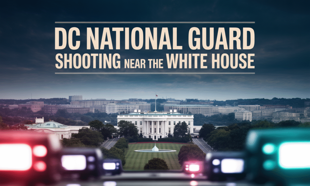 Banner image of the DC National Guard shooting, showing the White House area with emergency light reflections in navy and gold.