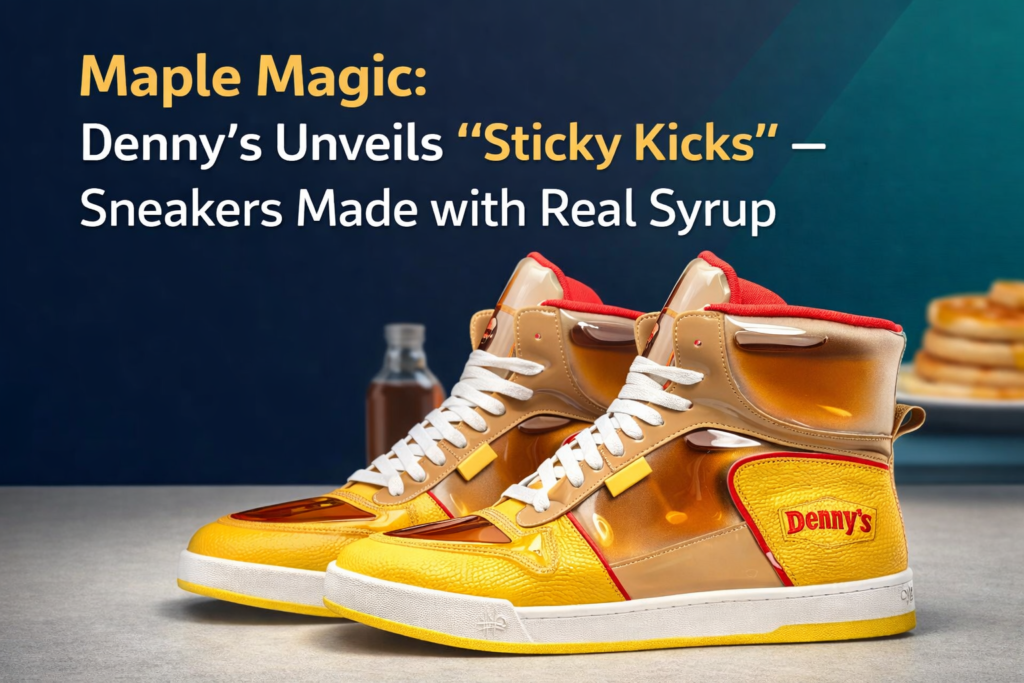 Denny’s Sticky Kicks promotional banner showing syrup-inspired sneakers in a modern business-style marketing image
