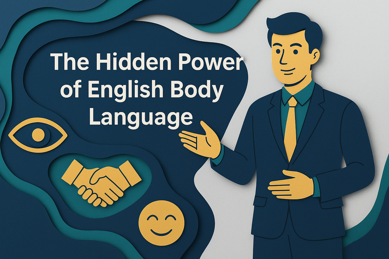 Wide 3D paper-cut banner illustrating English body language with confident posture, eye contact, and gestures in Navy Blue, Soft Gold, Light Gray, and Teal.