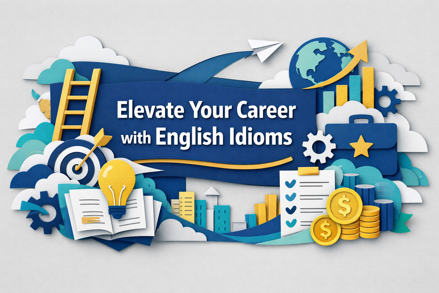 3D paper cut art banner showing career growth symbols like a ladder, charts, and a lightbulb, representing English idioms for career success in professional communication