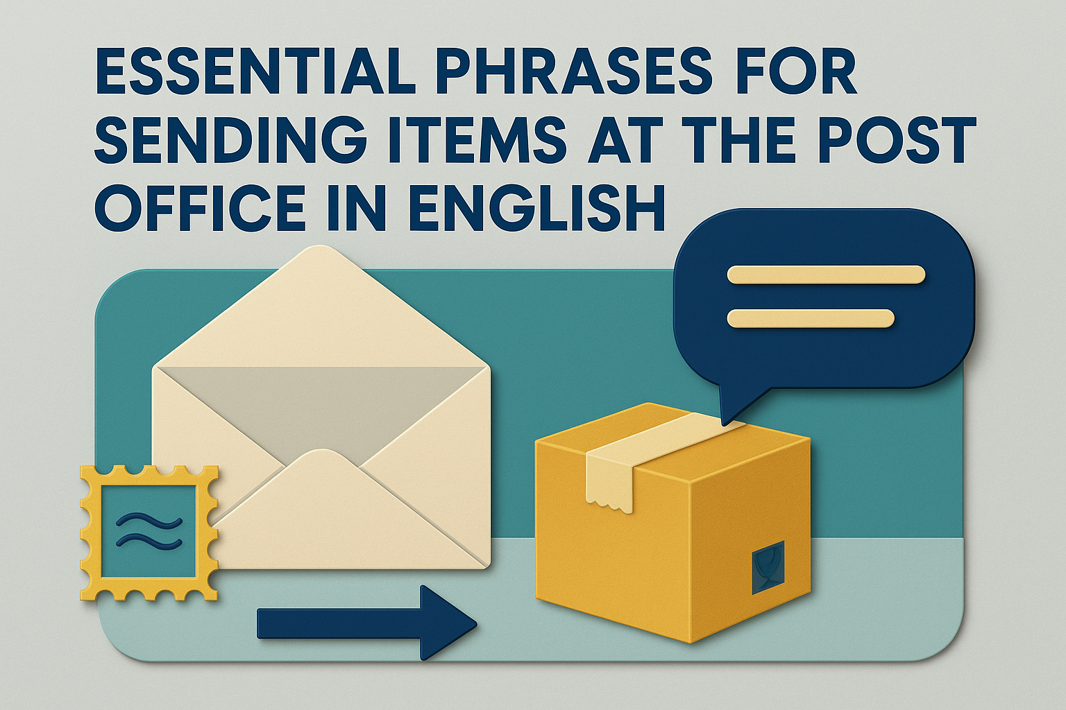 Illustration showing an envelope, package, stamp, and speech bubble representing English phrases for the post office.