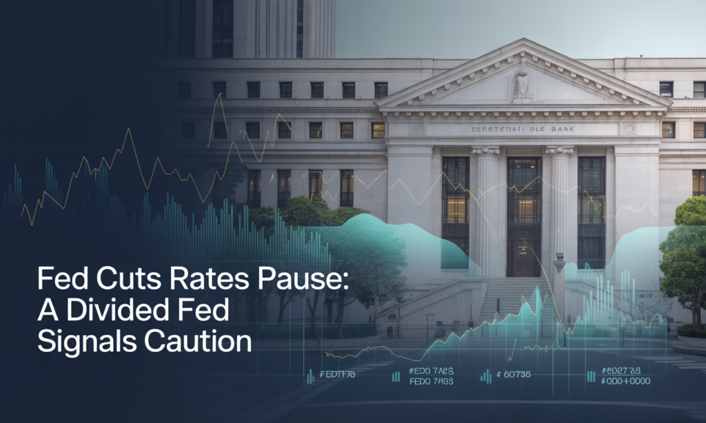 Wide business news banner illustrating financial markets and central banking as the Fed cuts rates pause amid inflation concerns.