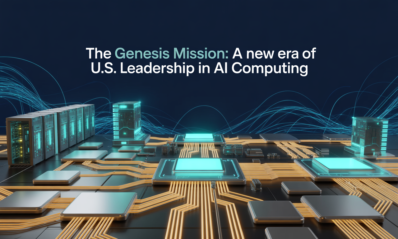 Banner image representing Genesis Mission AI computing with futuristic servers and digital circuitry in navy and gold tones.