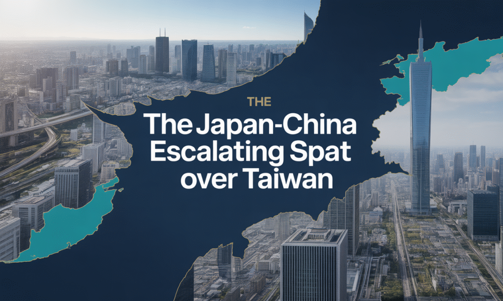 Banner image illustrating the Japan-China escalating spat with Tokyo and Beijing skylines in navy blue and gold.