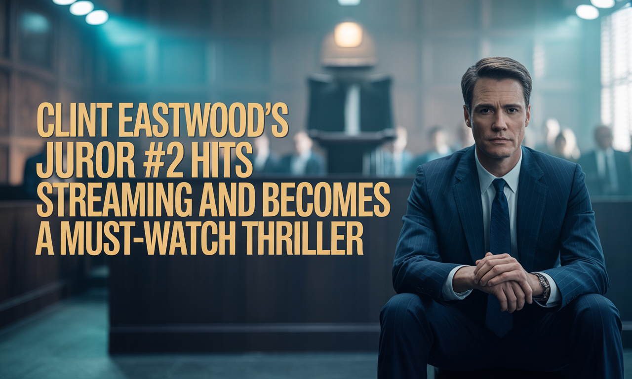 Clint Eastwood’s Juror #2 streaming thriller banner showing a tense courtroom scene with dark blue and gold tones